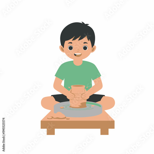 Pottery Making by Young Boy on Potters Wheel