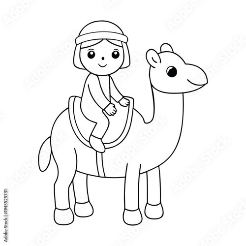 An Arabian Bedouin rides a camel across golden desert dunes, wearing traditional robes and a headscarf, embodying timeless desert life and nomadic spirit.
