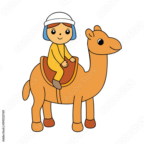 An Arabian Bedouin rides a camel across golden desert dunes, wearing traditional robes and a headscarf, embodying timeless desert life and nomadic spirit.
