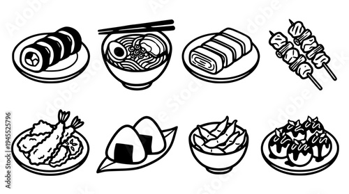 Set of 8 japanese foods. hand drawn style. black and white line art drawing