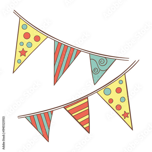 Bright, festive party flags in a rainbow of colors flutter joyfully, adding a lively, cheerful vibe to any celebration, perfect for birthdays, festivals, or outdoor fun.
