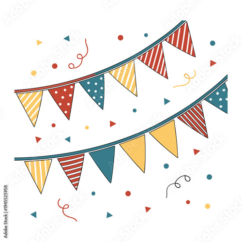 Bright, festive party flags in a rainbow of colors flutter joyfully, adding a lively, cheerful vibe to any celebration, perfect for birthdays, festivals, or outdoor fun.
