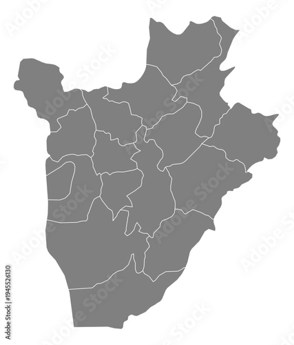 Burundi grey fill with white state borders map vector graphic illustration geography silhouette shape national border design isolated transparent background political territory cartography atlas eps
