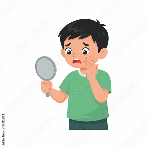 Acne Young Boy Looking at His Face in the Mirror