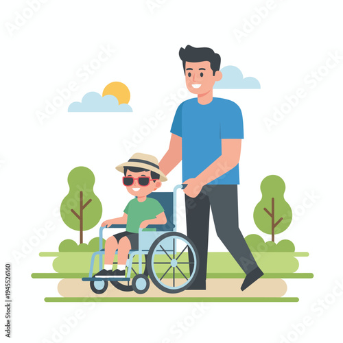 Wheelchair Assistance Smiling Man Pushing Boy in Wheelchair