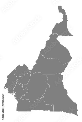 Cameroon grey fill with white state borders map vector graphic illustration geography silhouette shape national border design isolated transparent background political territory cartography atlas eps