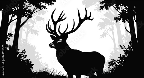 Majestic Silhouette of a Stag with Antlers in Black and White.