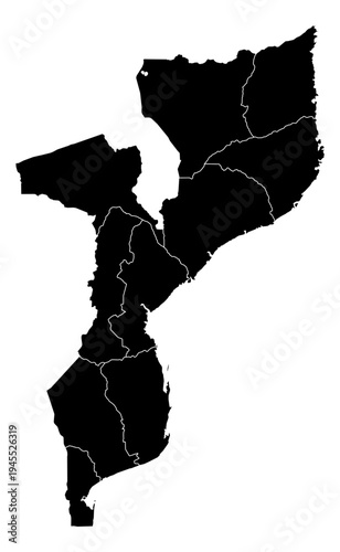 Mozambique black fill with white state borders map vector graphic illustration geography silhouette shape national border design isolated transparent background political territory cartography atlas