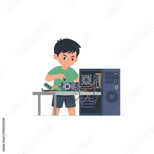 Computer Repair by a Boy with a Screwdriver in Illustration