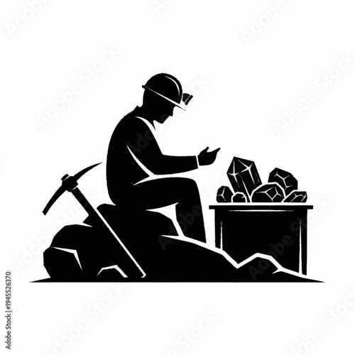 Miner examining precious stones with pickaxe and treasure chest.