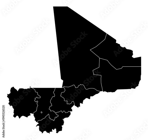 Mali black fill with white state borders map vector graphic illustration geography silhouette shape national border design isolated transparent background political territory cartography atlas eps
