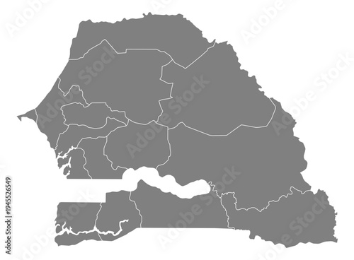 Senegal grey fill with white state borders map vector graphic illustration geography silhouette shape national border design isolated transparent background political territory cartography atlas eps