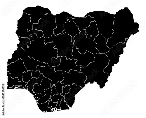 Nigeria black fill with white state borders map vector graphic illustration geography silhouette shape national border design isolated transparent background political territory cartography atlas eps