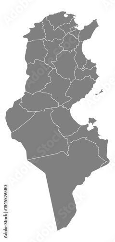 Tunisia grey fill with white state borders map vector graphic illustration geography silhouette shape national border design isolated transparent background political territory cartography atlas eps