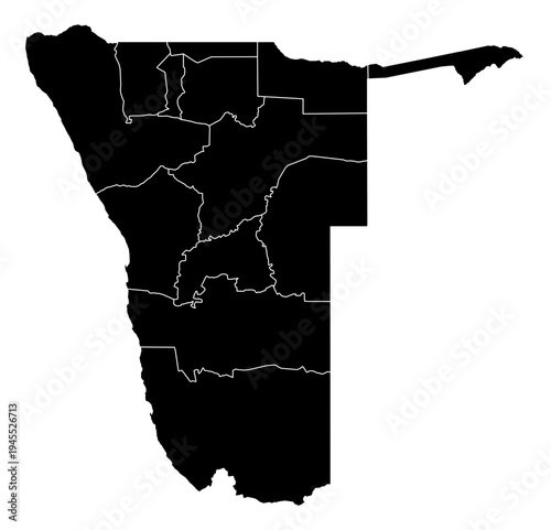 Namibia black fill with white state borders map vector graphic illustration geography silhouette shape national border design isolated transparent background political territory cartography atlas eps