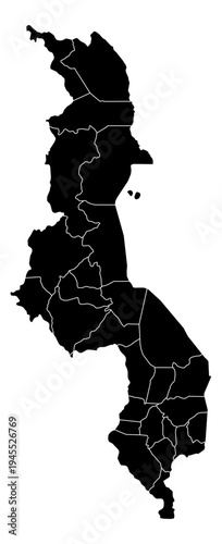 Malawi black fill with white state borders map vector graphic illustration geography silhouette shape national border design isolated transparent background political territory cartography atlas eps