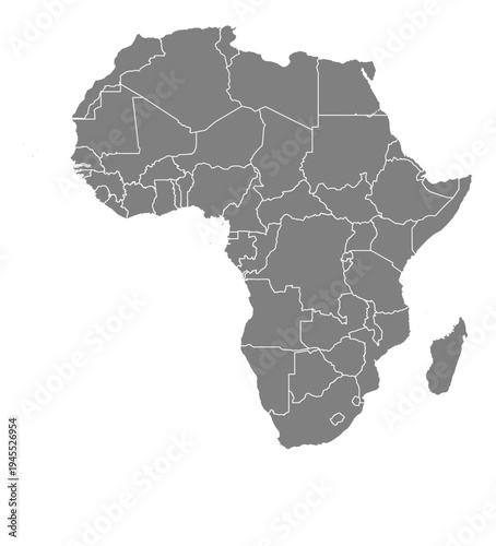 Africa grey fill with white state borders map vector graphic illustration geography silhouette shape national border design isolated transparent background political territory cartography atlas eps