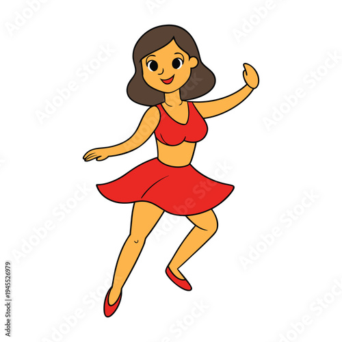 A young woman dances salsa with vibrant energy, her steps quick and graceful. Her flowing dress swirls as she moves to the rhythm, radiating confidence, joy, and passion on the floor.
