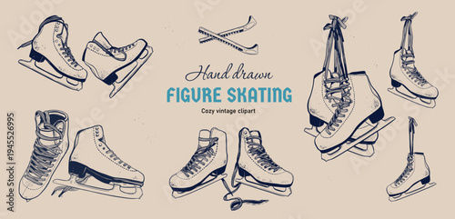 Figure Ice Skates vector hand drawn  illustration set. Various pairs in vintage style. Perfect for winter holidays, sports shops, christmas projects.