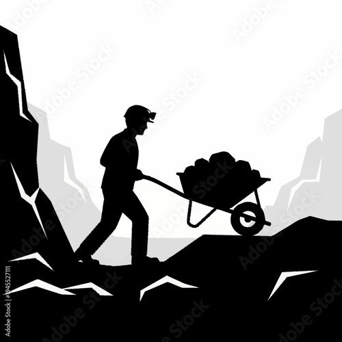 Silhouette of a miner pushing a wheelbarrow full of coal.