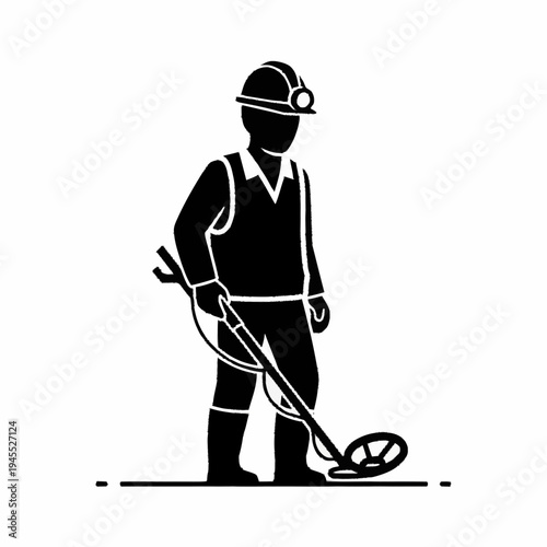 Silhouette of a Miner with Metal Detector Searching for Treasures.