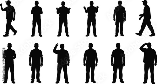 Set of male human silhouettes in different poses walking waving standing and gesturing isolated on white background for people characters body language collection