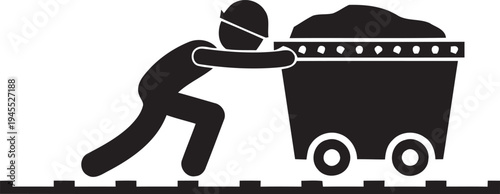 Heavy labor and industrial work symbol, miner with mine cart, Vector illustration of a worker with a coal cart, mining industry concept