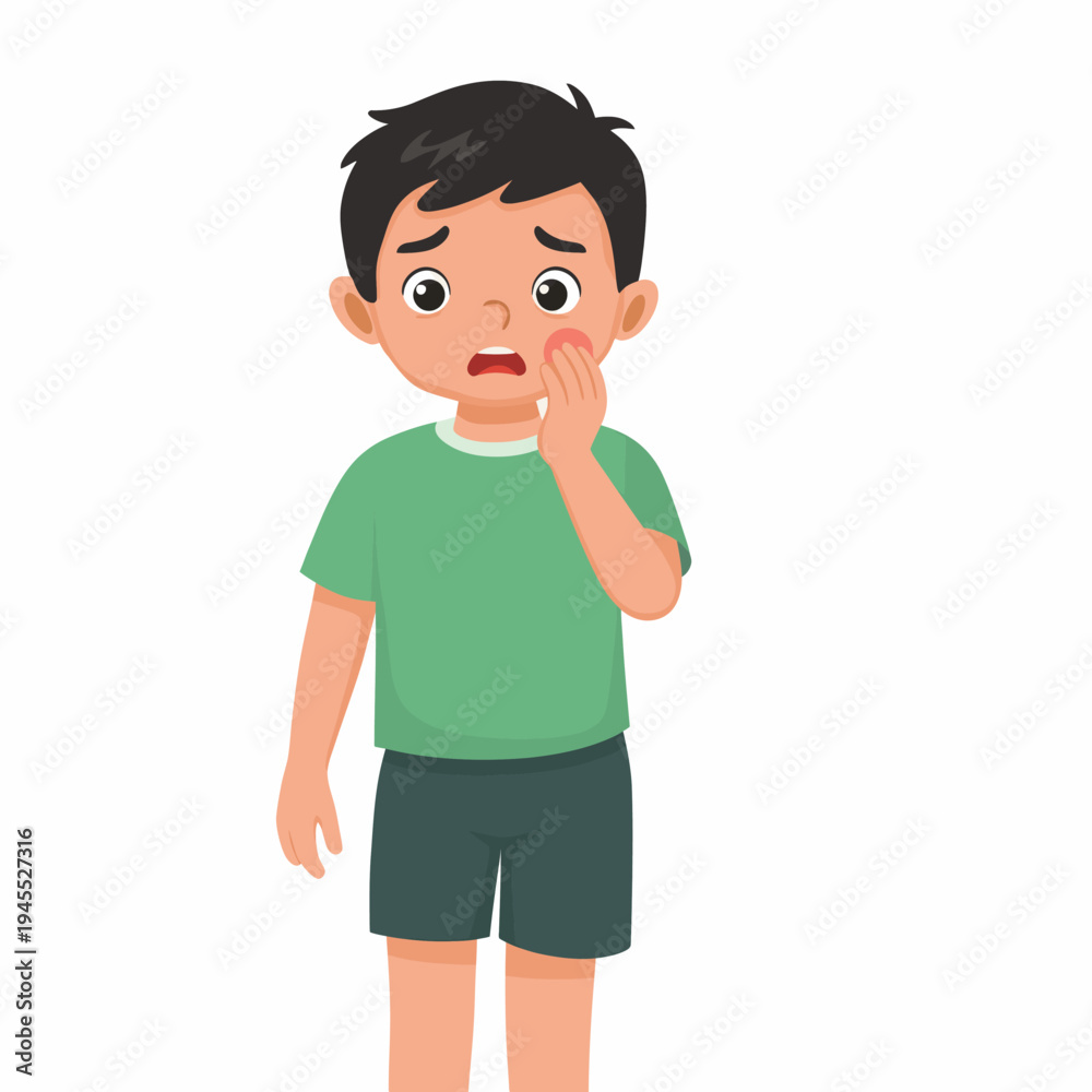 Fototapeta premium Toothache Boy Feeling Pain Touching Cheek with Hand