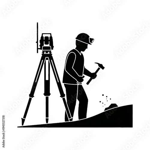 Surveyor and worker with tools on construction site.