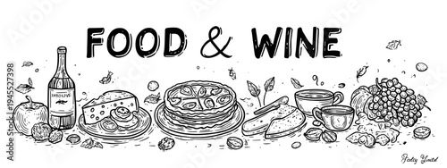 Artistic Representation of Food and Wine with Diverse Culinary Delights and Elegant Plating