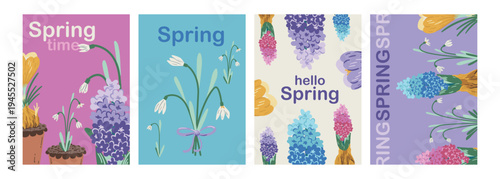 Hand-drawn collection of spring greeting cards with potted crocuses, hyacinths, and snowdrops