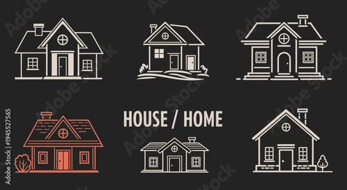 Collection of Stylized House Icons, Modern Architecture Line Art, Residential Buildings