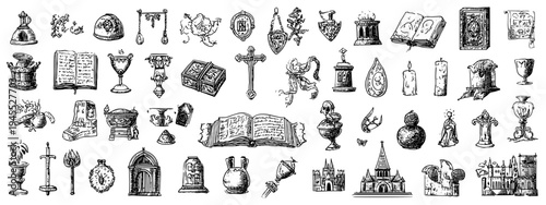 Medieval Heraldry and Knight Symbols Icon Set in Vintage Engraving Style Middle Age
