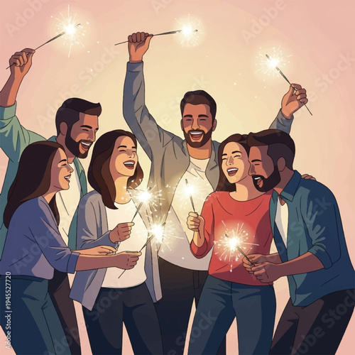 Group of friends celebrating with sparklers.