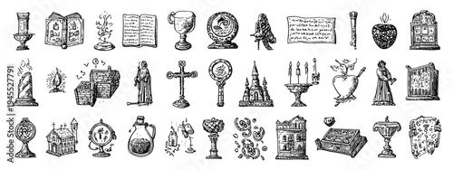 Medieval Heraldry and Knight Symbols Icon Set in Vintage Engraving Style Middle Age
