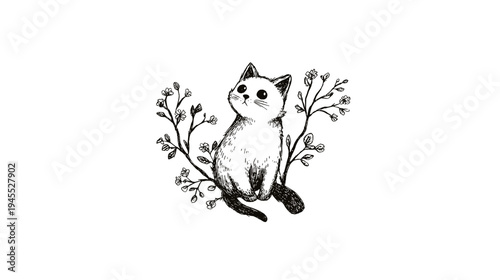 Graceful Cat Sitting Among Wildflowers in a Serene Outdoor Setting