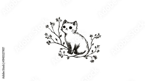 Graceful Cat Sitting Among Wildflowers in a Serene Outdoor Setting