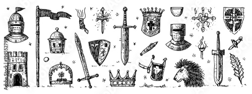 Medieval Heraldry and Knight Symbols Icon Set in Vintage Engraving Style Middle Age
