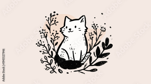 Graceful Cat Sitting Among Wildflowers in a Serene Outdoor Setting