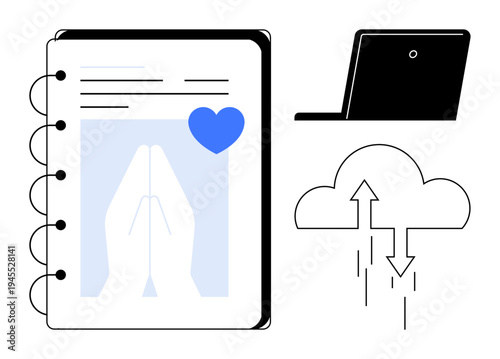 Digital data backup with cloud storage upload and download symbols. Data backup ensures accessibility and reliability. Essential for digital security, faith platforms, productivity, online learning