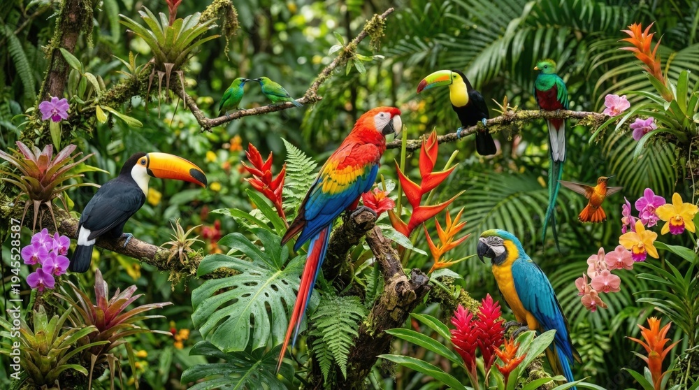 Obraz premium A vibrant chorus of exotic birds amidst a symphony of colorful blossoms and lush foliage, creating a tropical paradise.