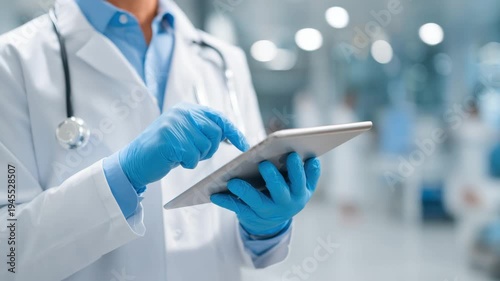 A medical staff member in a hospital setting interacts with a tablet, accessing important patient data and assisting with medical tasks while ensuring proper hygiene protocols.