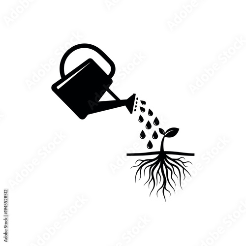 Watering can nurturing a growing plant with visible roots.