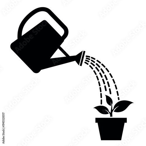 Watering can pouring water on a potted plant.