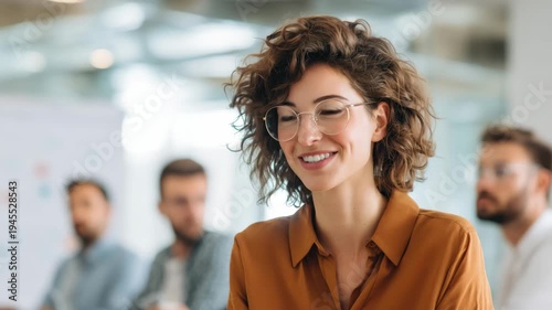 In a contemporary office environment, a woman with curly hair and glasses radiates positivity while engaging with coworkers during a productive meeting focused on collaboration and innovation.