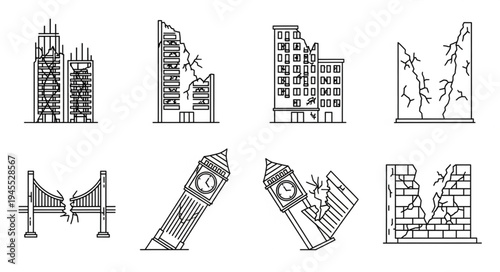 Illustrations of earthquake damage to buildings and landmarks.