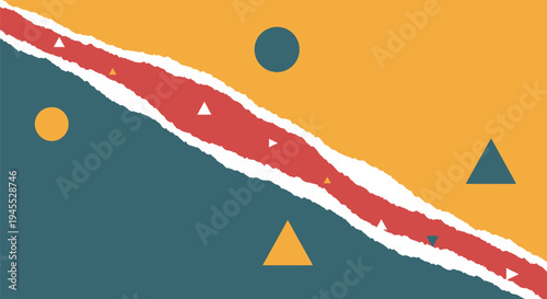 Vibrant abstract art piece featuring torn paper with shapes on colorful background