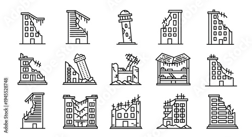 Collection of Damaged Buildings in Outline Style.
