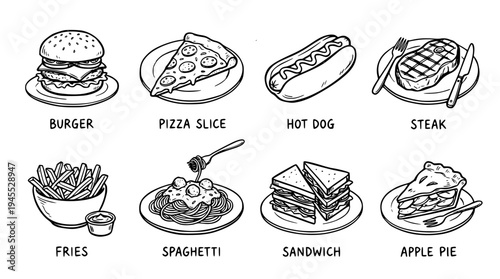 Set of 8 western foods. hand drawn style. black and white line art drawing