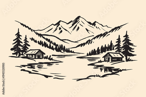 Mountain lake cabins ink sketch vector illustration